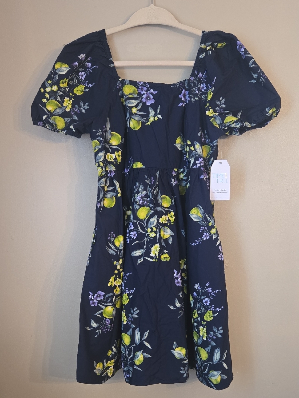 Time And Tru - Navy Lemon Floral Puff Sleeve Dress